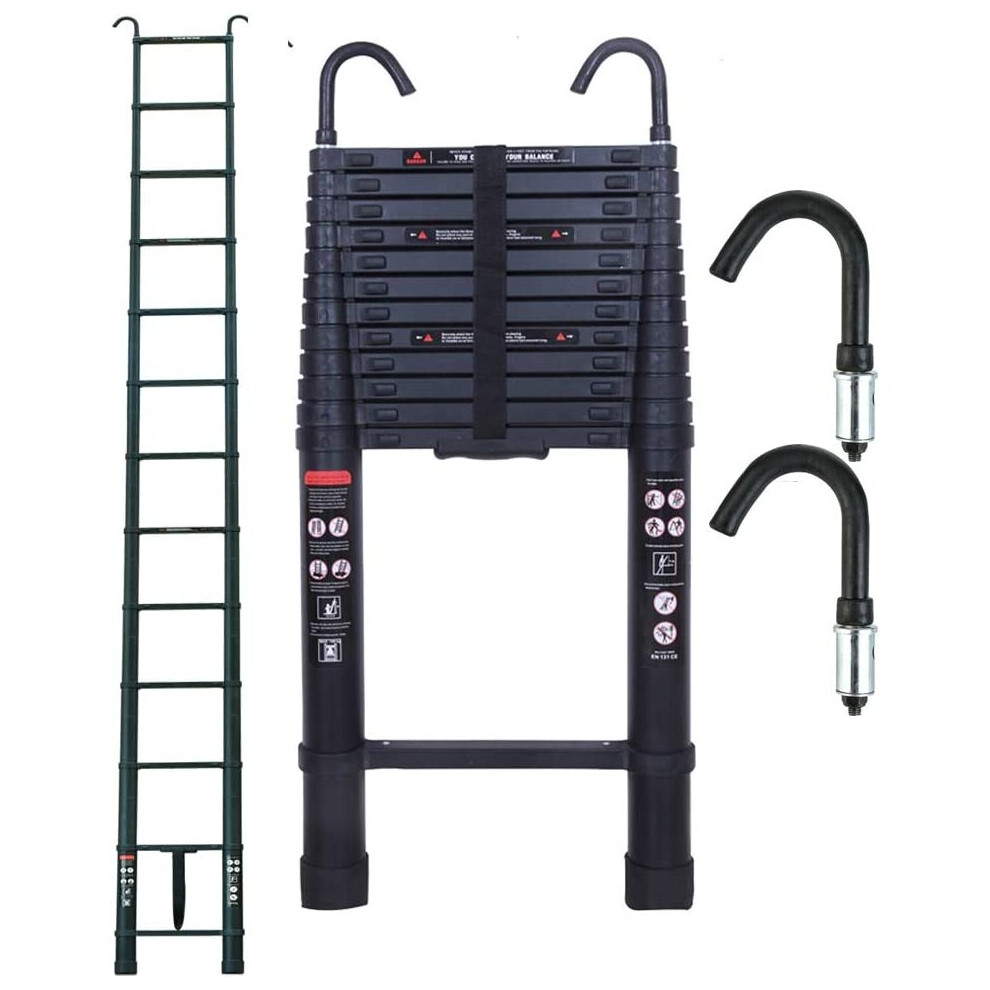Telescopic Ladder 5m Loft Ladder Stainless Steel with 2 Hooks Non-Slip for Outdoor Indoor EN131 150kg Load Capacity