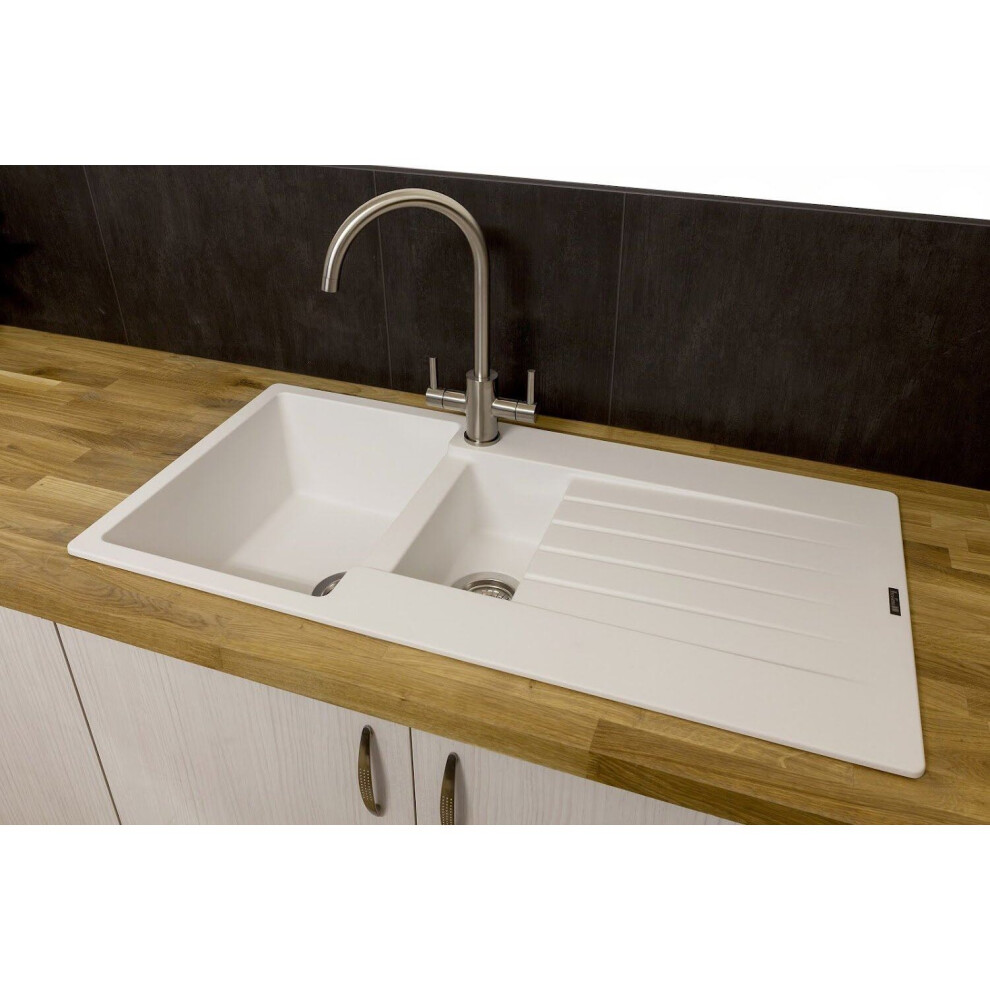 Reginox Harlem15 Kitchen Sink 1.5 Bowl Sink Pure White Granite Reversible Waste 8712465031285
