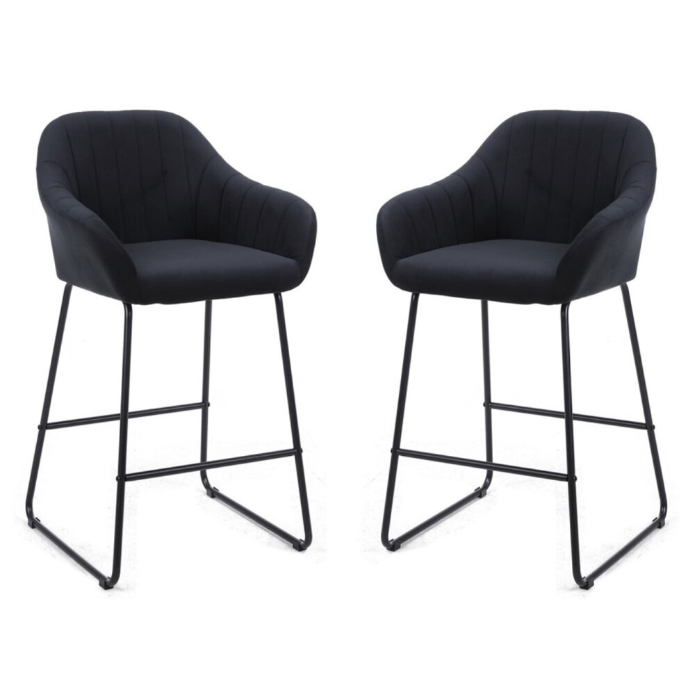 Set of 2 MAGALUF Black Velvet High Bar Stools,  Fixed Height With Footrest