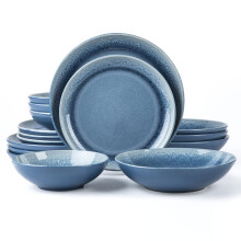 Arora Fait Round Stoneware 16Pc Double Bowl Dinnerware Set For 4, Dinner Plates, Side Plates, Cereal Bowls, Pasta Bowls - Reactive Glaze Blue