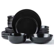 Arora Skugga Round Stoneware 16Pc Double Bowl Dinnerware Set For 4, Dinner Plates, Side Plates, Cereal Bowls, Pasta Bowls - Matte Black (467586)