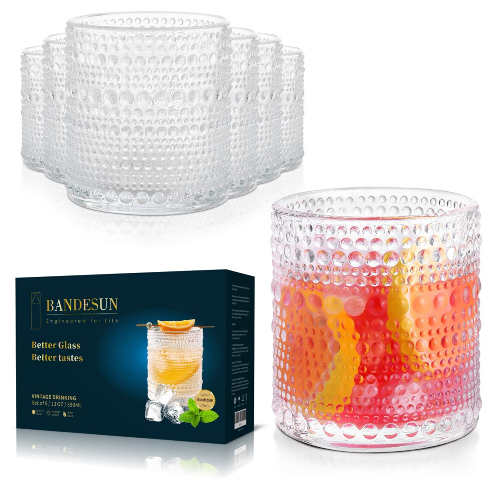 Romantic Water Glasses, 12 Oz Hobnail Drinking Glasses Set 6, Embossed Vintage Glassware Set For Beer, Cocktail, Soda, Beverage Clear