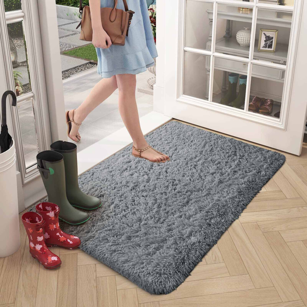 (Grey, 60cm x 110cm (2ft x 3ft 7")) Non Slip Rugs Shaggy Fluffy Rugs Runners & Bath Door Mats