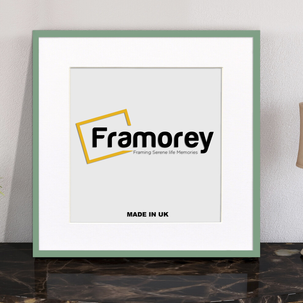 (Green With White Mount, 10x10" Pic (12x12" Frame)) Square Size Thin Matt Green Picture Frame Wall Art Frames Flat Wooden Effect Poster Frame