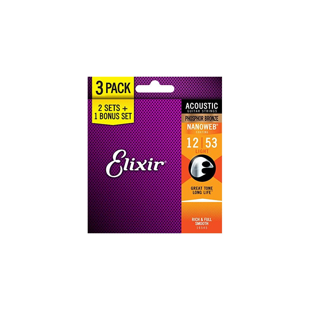 Elixir Strings 16545 Phosphor Bronze Acoustic Guitar Strings with Nanoweb Coating, Set of 3 Pieces