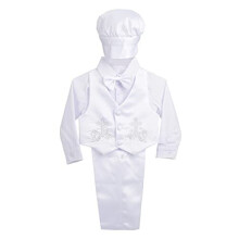 Lito Angels Baby Boys Satin Baptism Christening Outfit Formal White Suit with Bonnet Waistcoat 5 Pieces Set Age 3-6 Months, A - Long Sleeve