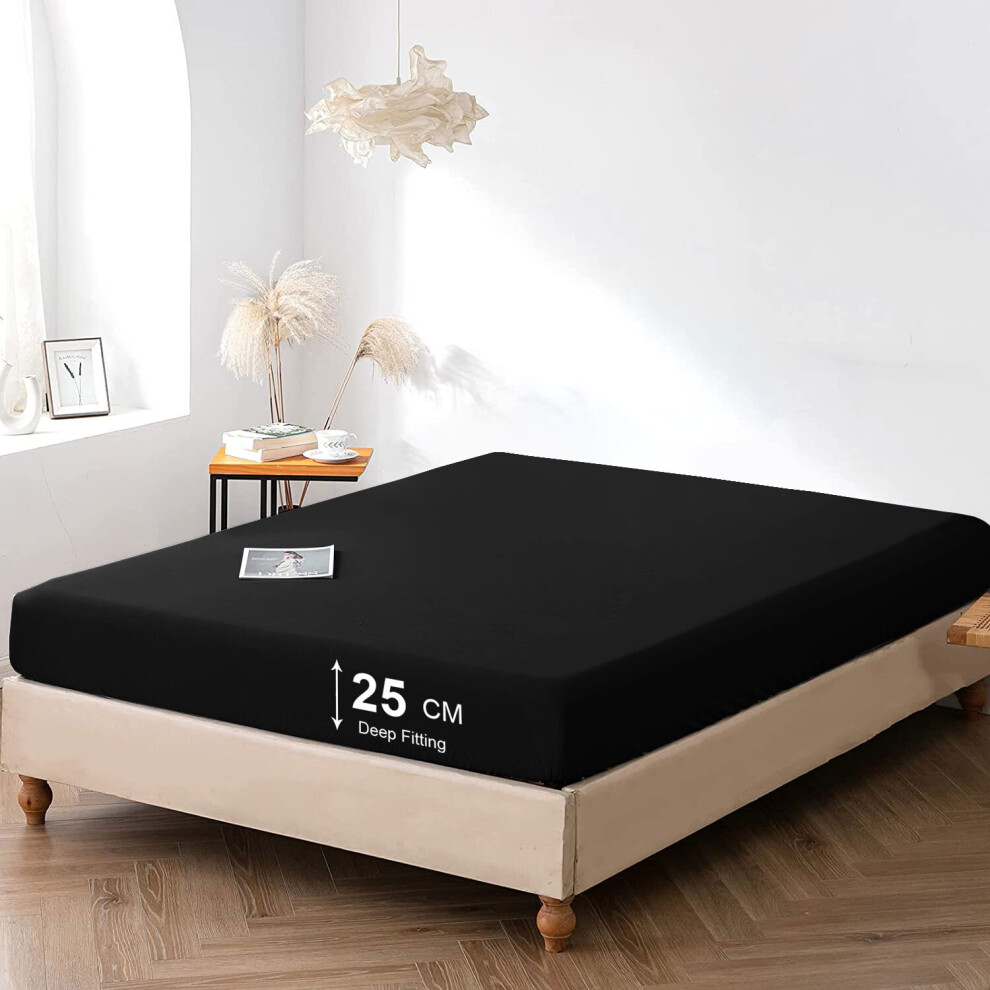 (Black, Double(25CM): 137 x 190 CM) Bed Sheets Bed Fitted Sheets Extra Deep 25CM/40CM Fitted Sheets