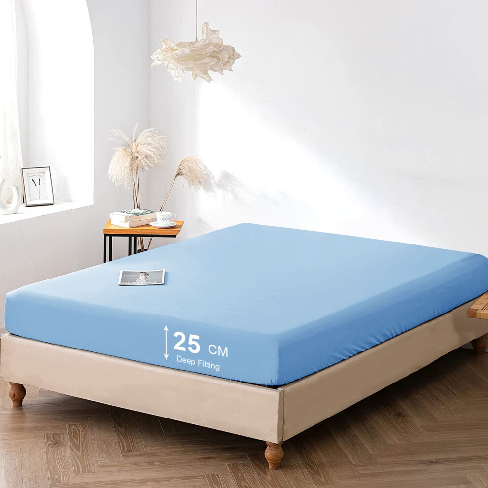 (Light Blue, Single(25CM): 91 x 190 CM) Bed Sheets Bed Fitted Sheets Extra Deep 25CM/40CM Fitted Sheets