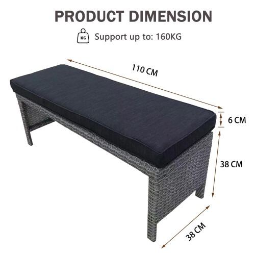 (Grey) Patio Rattan Bench Seat with Cushion 2