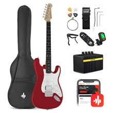 Donner 39 Inch Electric Guitar Beginner Kit Red Full-Size Starter Package HSS Pick Up with All Accessories Amp Online Lesson Bag Tuner Capo Strap