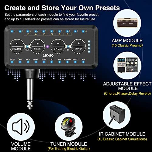 LEKATO Bluetooth Mini Guitar Headphone Amp with Tuner, USB Rechargeable, 10 Amp Models, 10 IR Cab Models, Multi-Effects, Record/Export 2