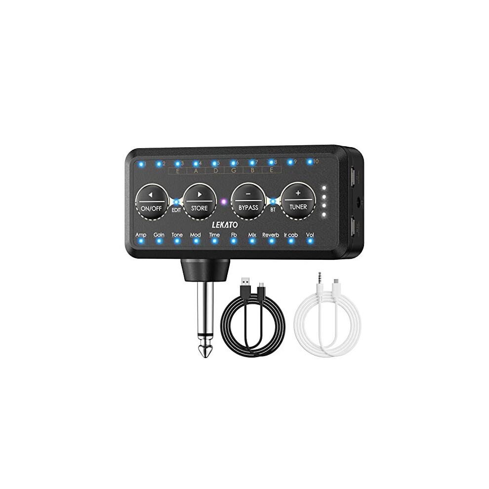 Lekato Bluetooth Mini Guitar Headphone Amp With Tuner, Usb Rechargeable, 10 Amp Models, 10 Ir Cab Models, Multi-Effects, Record/Export