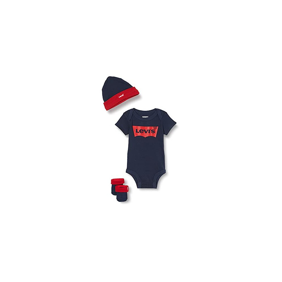 Levi's Kids Baby Boys Baby and Toddler Baby Set CLASSIC BATWING INFANT HAT, BODYSUIT, BOOTIE SET 3PC 0019 Dress Blues 6-12 Months
