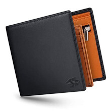 Mens Genuine Leather Wallet, Slim Bifold RFID Blocking Soft and Durable with Zipper Coin Pocket, 2 Banknote Compartments, 10 Card Holders, 1 ID