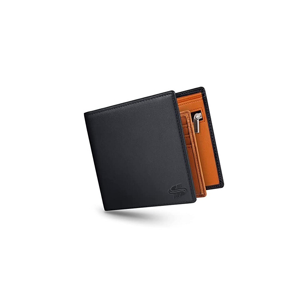 Mens Genuine Leather Wallet, Slim Bifold RFID Blocking Soft and Durable with Zipper Coin Pocket, 2 Banknote Compartments, 10 Card Holders, 1 ID