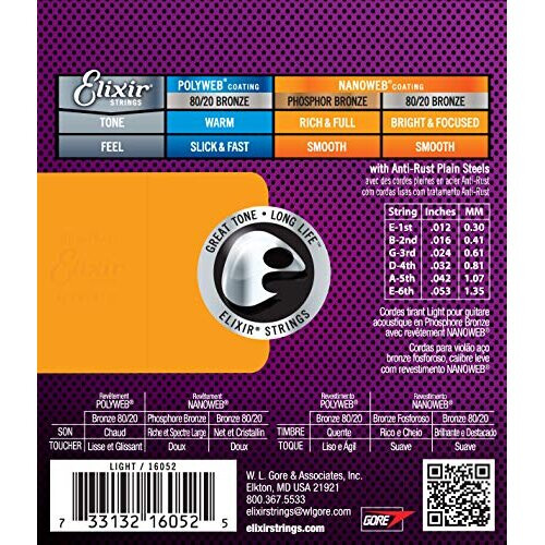 Elixir 16052 Strings Phosphor Bronze Acoustic Guitar Strings w NANOWEB Coating, Light (.012-.053) 1