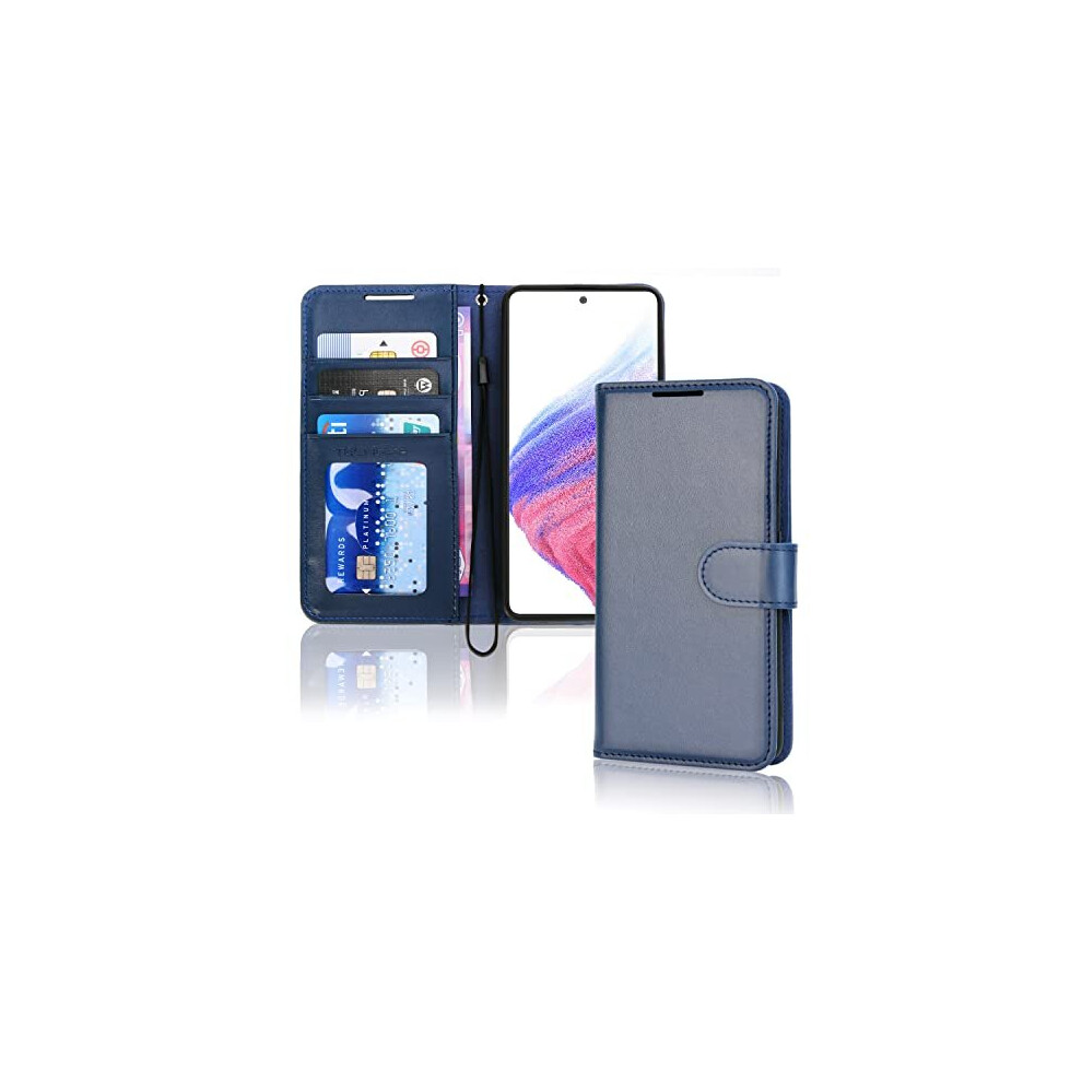Techgear Galaxy A53 5G Leather Wallet Case - Flip Cover With 3 Card Slots, Cash Pocket, Stand & Wrist Strap, Magnetic Blue Pu Leather