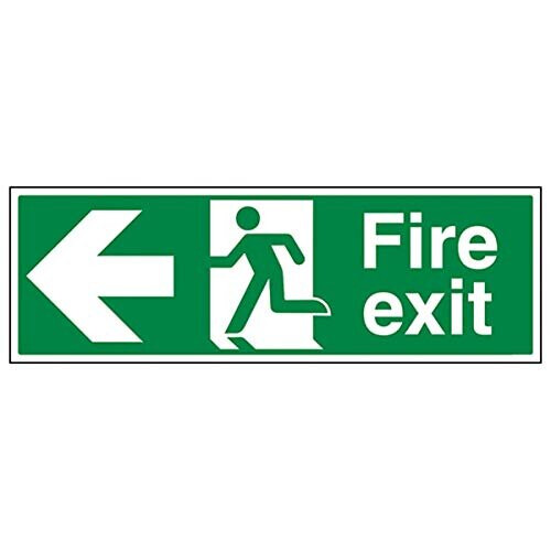 VSafety Fire Exit Arrow Left Sign - Landscape - 450mm x 150mm - 1mm Rigid Plastic