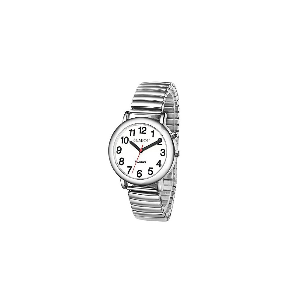 SHMIOU English Talking Watch Unisex for The Blind Visually Impaired Elderly Man Woman Men Ladies Expansion Band Quartz with Alarm, White Dial, Silver