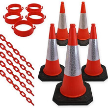 Set of 5 ?Traffic Cones, Plastic Security Cone Chain Barrier ?and? Links - ?For? Road ?and Driveway Safety - ?Use for? No Parking ?or? Entry - Red,