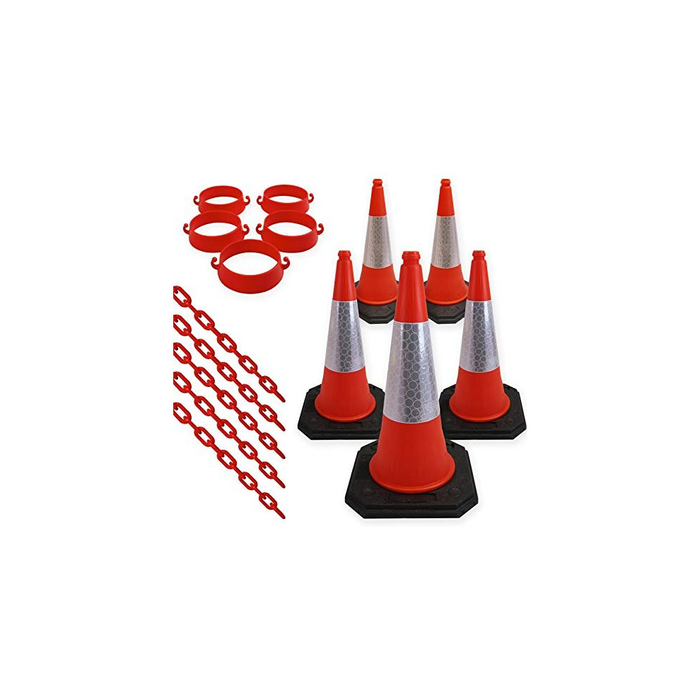 Set Of 5 ?Traffic Cones, Plastic Security Cone Chain Barrier ?And? Links - ?For? Road ?And Driveway Safety - ?Use For? No Parking ?Or? Entry - Red, 9111202433303