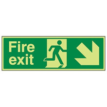 VSafety Glow In The Dark Fire Exit Arrow Down Right Sign - 600mm x 200mm - Rigid Plastic
