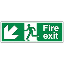 VSafety Fire Exit Arrow Down Left Sign - Landscape - 600mm x 200mm - Self Adhesive Vinyl