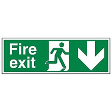 VSafety Fire Exit Arrow Down Sign - Landscape - 450mm x 150mm - 1mm Rigid Plastic
