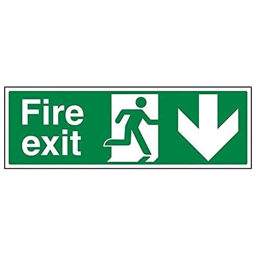 VSafety Fire Exit Arrow Down Sign - Landscape - 450mm x 150mm - 1mm Rigid Plastic