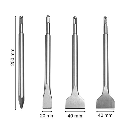 HPMAISON SDS Plus Chisel Set, 4-Piece SDS Plus Hammer Chisel Set, with Tile Chisel - Stone and Concrete Chisel Set - Packed in a Practical Rotating 1