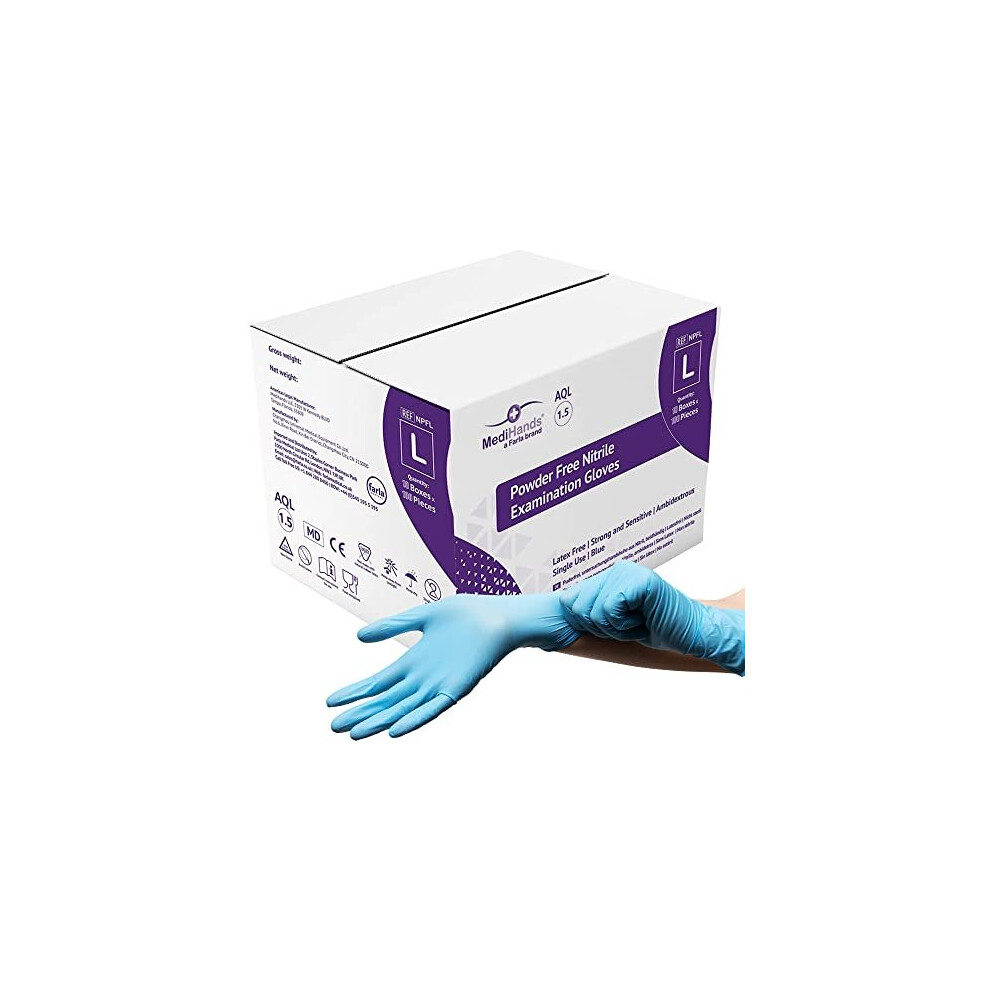 Farla Medical Medihands Nitrile Gloves - Heavy-Duty, Powder-Free, Latex-Free, Protein-Free, Medical Grade, En455/Ce, Ambidextrous Beaded Cuff, Pack Of 100 (L) Blue