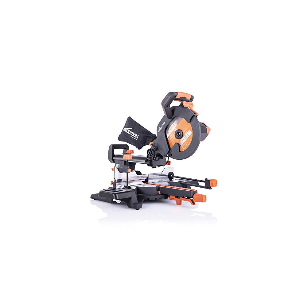 Evolution Power Tools R255SMS+ Compound Saw with Multi-Material Cutting, 45? Bevel, 50? Mitre, 300 mm Slide, 2000 W, 255 mm, 220-240 V, (3-Years