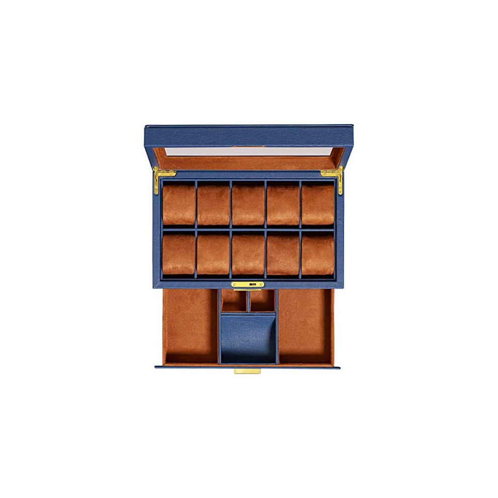 Rothwell 10 Slot Leather Watch Box With Valet Drawer - Luxury Watch Case Display Organizer, Ultra Soft Microsuede Liner, Locking Jewelry Watches