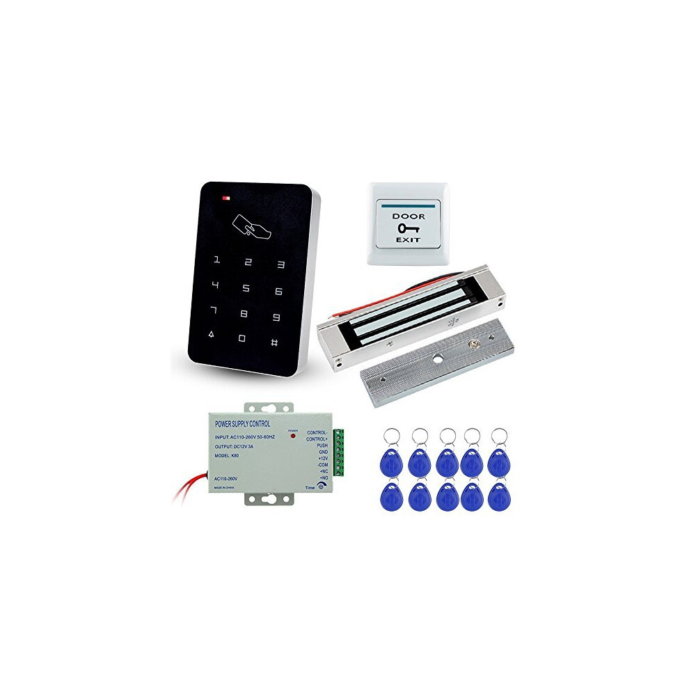 LIBO Stand-alone Door Access Control System Kit Set with 180kg/350lbs Electric Magnetic Lock, DC12V/3A Power Supply, Door Exit Release Button, 10pcs