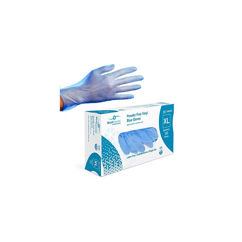 Farla Medical Medihands Blue Vinyl Powder Free Gloves | Disposable | Latex Free | X Large - Pack Of 100