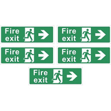 Pack of 5 self adhesive vinyl Fire exit signs (right arrow) - 315mm x 105mm
