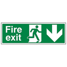 Fire Exit - Fire Exit Arrow Down - 300 X 100mm Restickable Safety Sign