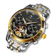 OLEVS Mens Watch Automatic Mechanical Skeleton Winding Moon Phase Black Face Stainless Steel Two Tone Date Calendar Waterproof Luminous