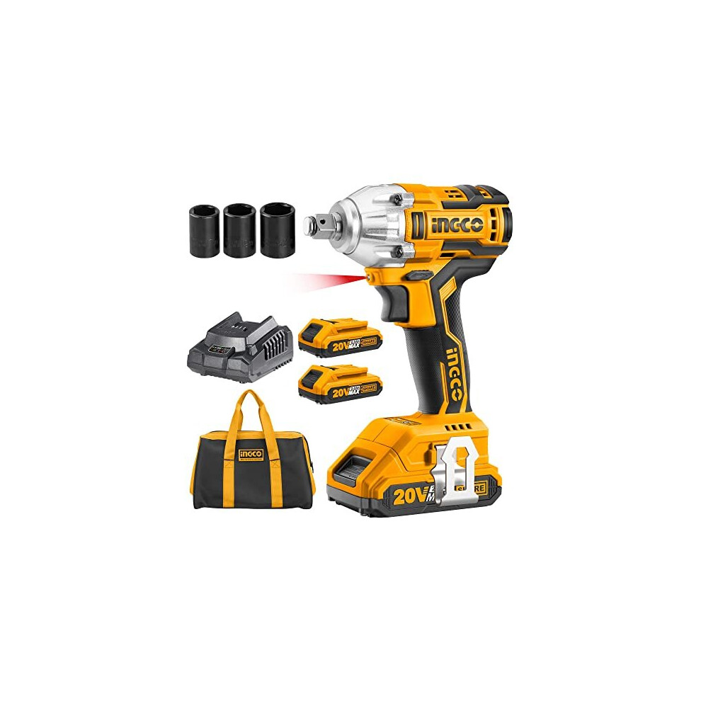 Ingco 20V Brushless Lithium-Ion Impact Wrench With 2Pcs 2.0Ah Batteries, 1Pcs Charger, 3Pcs Sockets, 1/2 Inch, 300Nm Ciwli20013 6925582142853