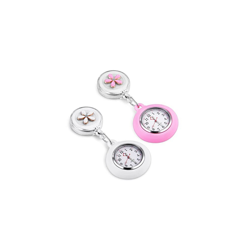 Vicloon Retractable Nurse Watch, 2 Pcs Clip-on Hanging Nurse Fob Watch, Luminous Lapel Watches with Cute Flower Pattern and Silicone Cover for