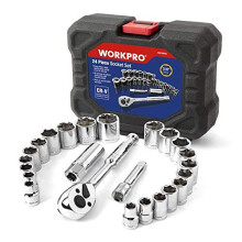 WORKPRO 24PC Socket Set 3/8" Ratchet Drive Sockets Wrench, 11pc Metric & 10pc SAE Sockets, Extension Bar Spark Plug Rachet Set Spanners with Blow