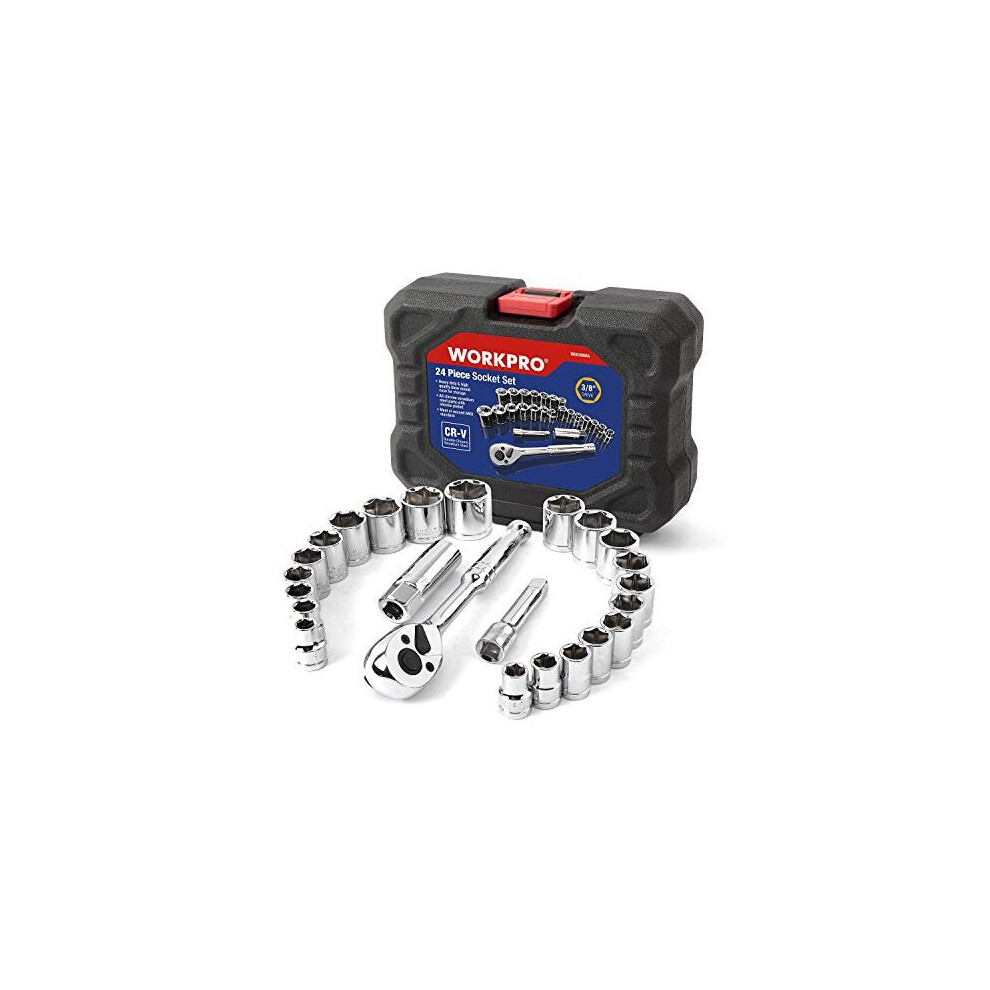 Workpro 24Pc Socket Set 3/8" Ratchet Drive Sockets Wrench, 11Pc Metric & 10Pc Sae Sockets, Extension Bar Spark Plug Rachet Set Spanners With Blow 798154047582