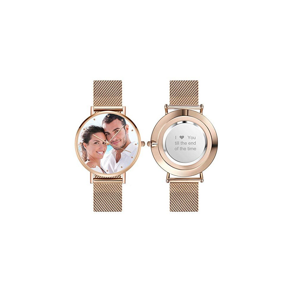 Custom Photo Watch for Women Men Personalised Engraved Text Alloy Watch Customised Rose Gold Wrist Watches Personalised Photo Gift for Dad Mom Husband