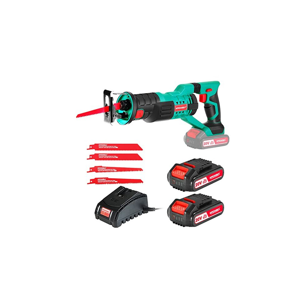 Reciprocating Saw, HYCHIKA 18V Cordless Saw with 2x2000mAh Batteries, 0-2800rpm Variable Speed Electric Saw, 4 PCS Saw Blades, 1 Hour Fast Charger,