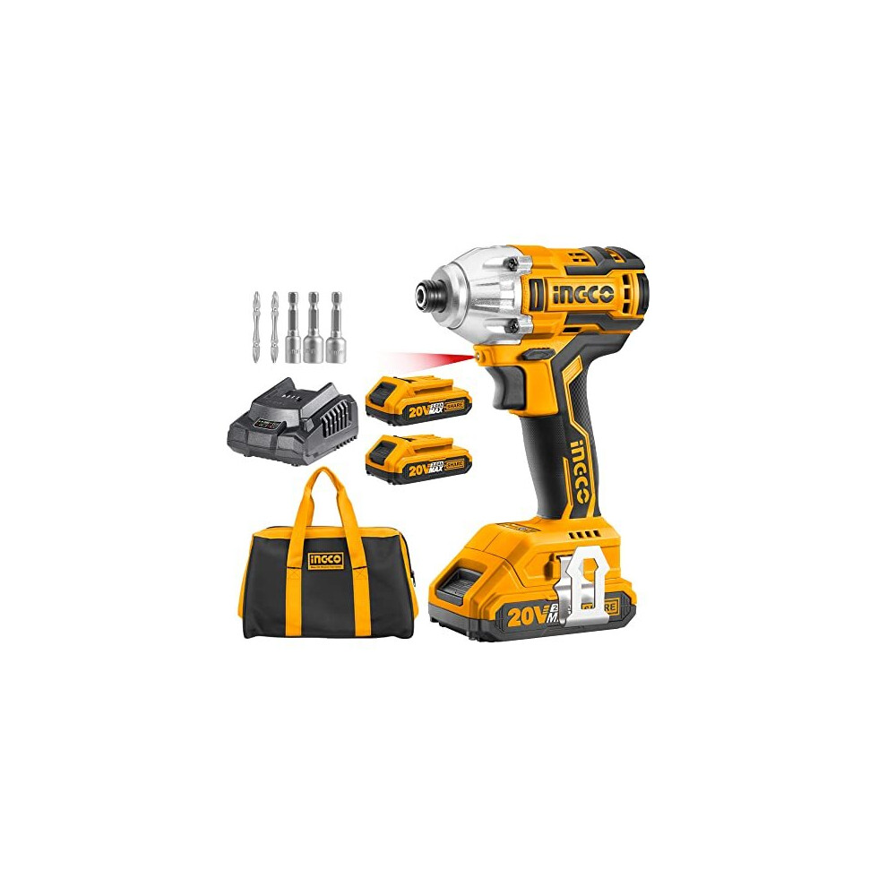 INGCO Brushless Impact Driver 20V Li-Ion Cordless Impact Driver with 2Pcs 2.0Ah Batteries, 1 Pcs Charger, 1/4 Inch, 170NM CIRLI20023