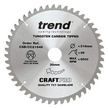 Trend CSB/CC21648 Craft Pro Negative Hook Crosscutting TCT Blade Ideal for Festool Kapex, Makita, and Bosch Mitre Circular Saws, 216mm x 48 Teeth x
