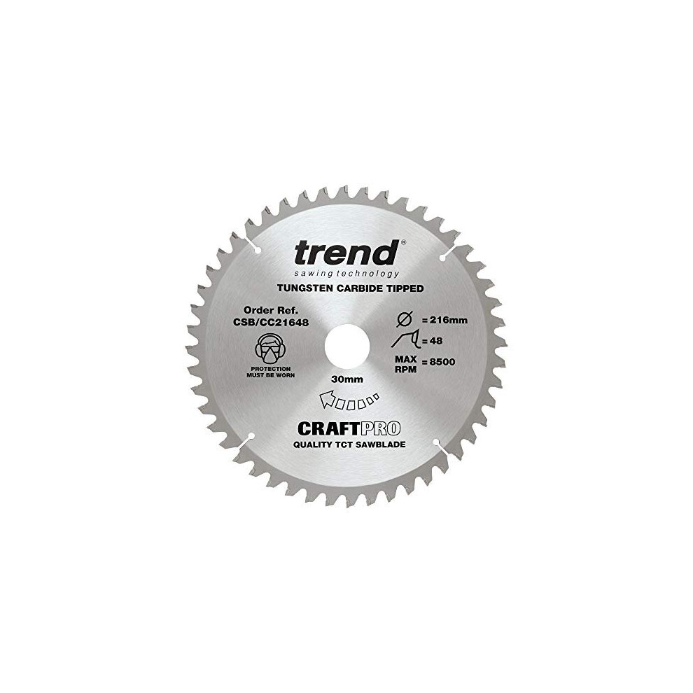 Trend CSB/CC21648 Craft Pro Negative Hook Crosscutting TCT Blade Ideal for Festool Kapex, Makita, and Bosch Mitre Circular Saws, 216mm x 48 Teeth x