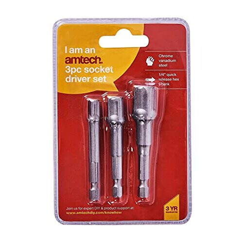 Amtech I5700 Socket Driver Set, Hex Extension Adapter, 3 Piece 1/4", 3/8" and 1/2", for Impact Driver 1
