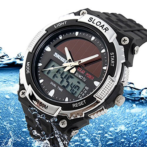 SKMEI Mens Solar Power Dual Time Display Wrist Watch 165 FT Water Resistant Silver on OnBuy