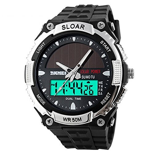 SKMEI Mens Solar Power Dual Time Display Wrist Watch 165 FT Water Resistant Silver on OnBuy